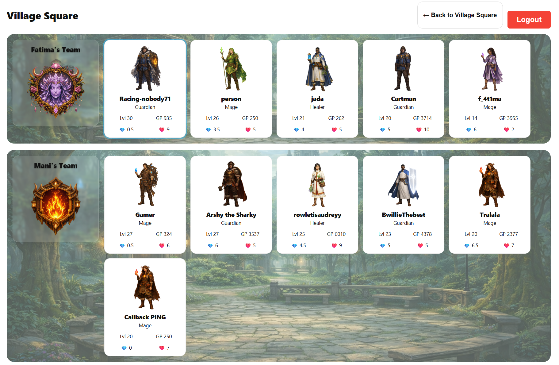HeroClass teams page showing classroom teams