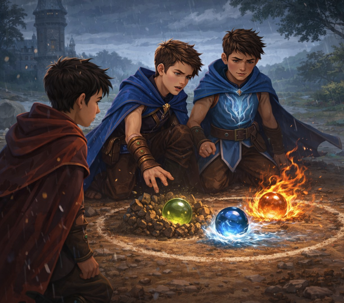 Zelnard and friends playing elemental marbles