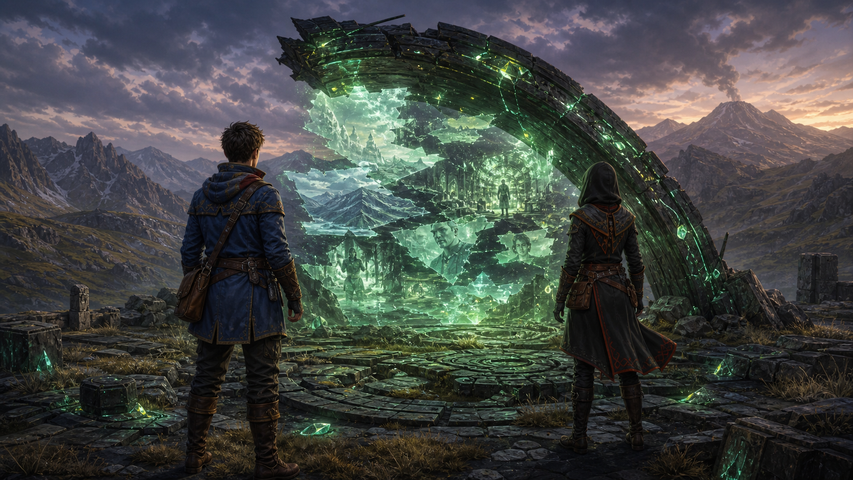 Kaelen and Tajan watching fractured images inside the broken arch at Alderat