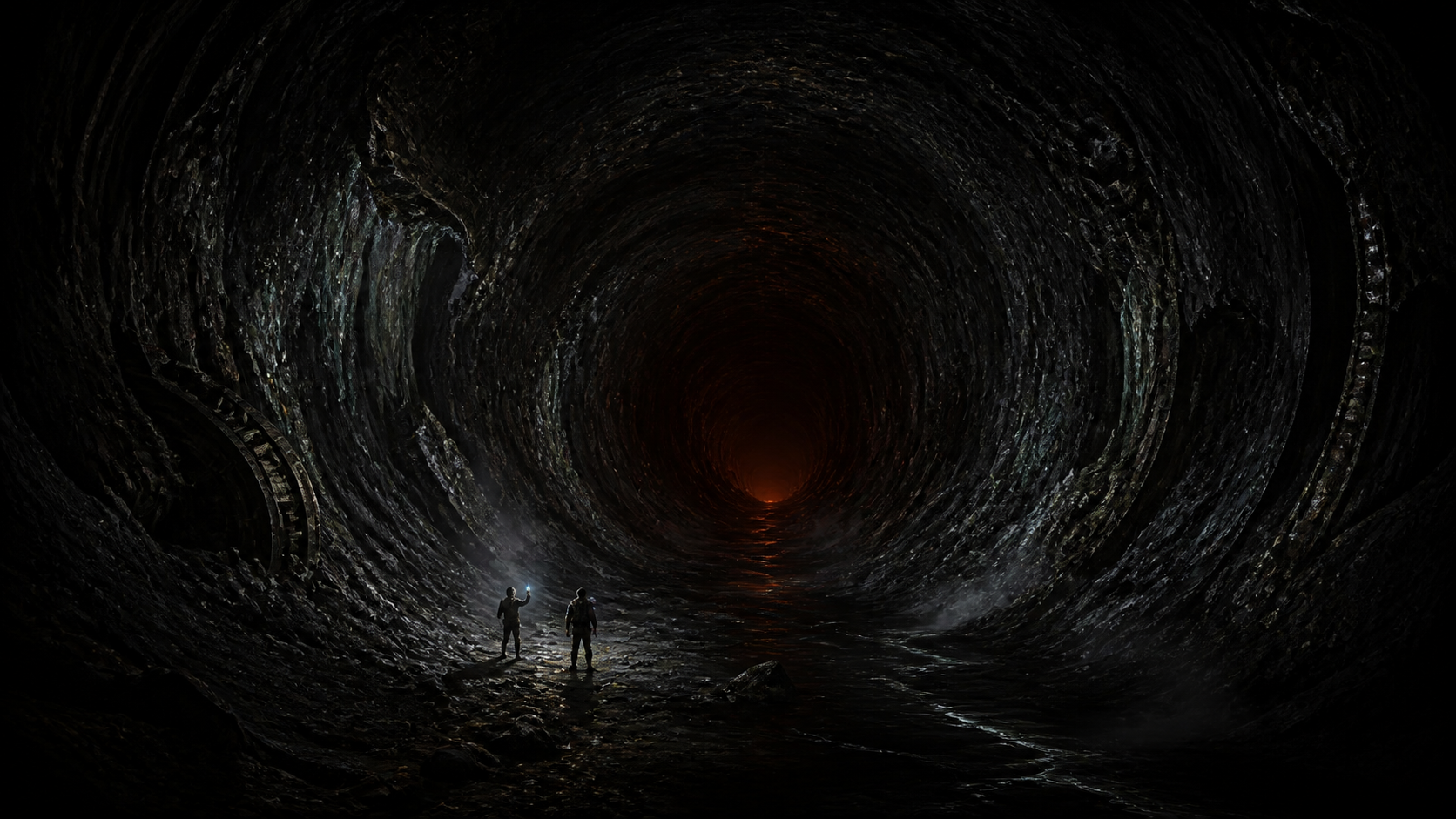 Two explorers dwarfed by the ancient magma tube beneath Alderat