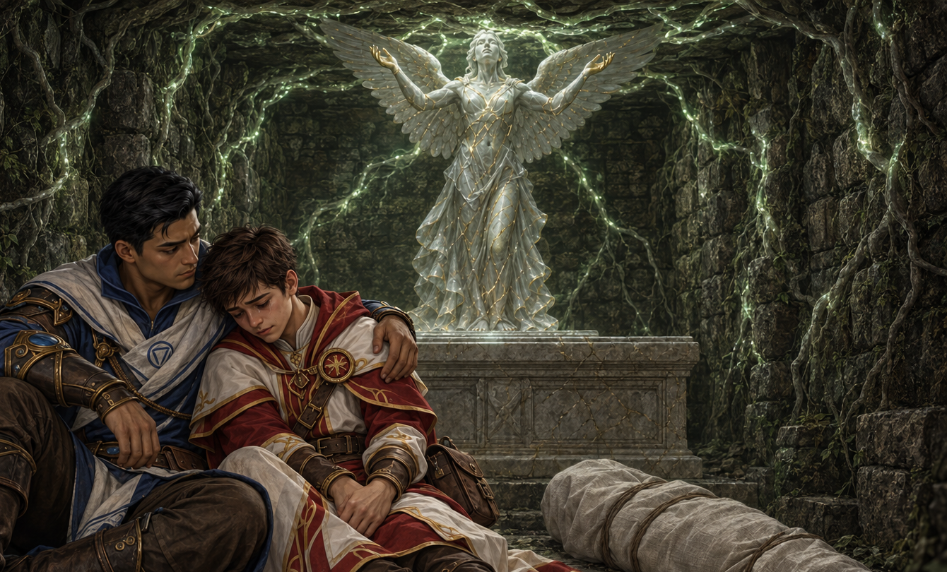 Drue comforts Alster beside Alfer’s shrouded remains in the green-lit tomb beneath the etheria tree