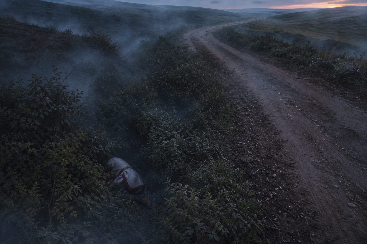 Alfer lying half-concealed in misty roadside shrubs beside an empty road at dusk