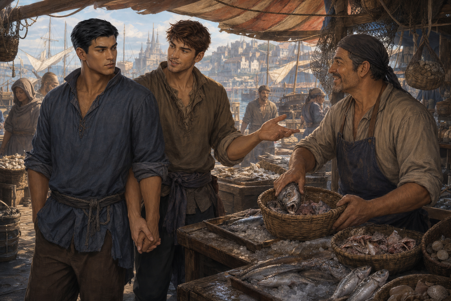 Drue and Anderix attempting to blend in at a Marinth Bay fish stall