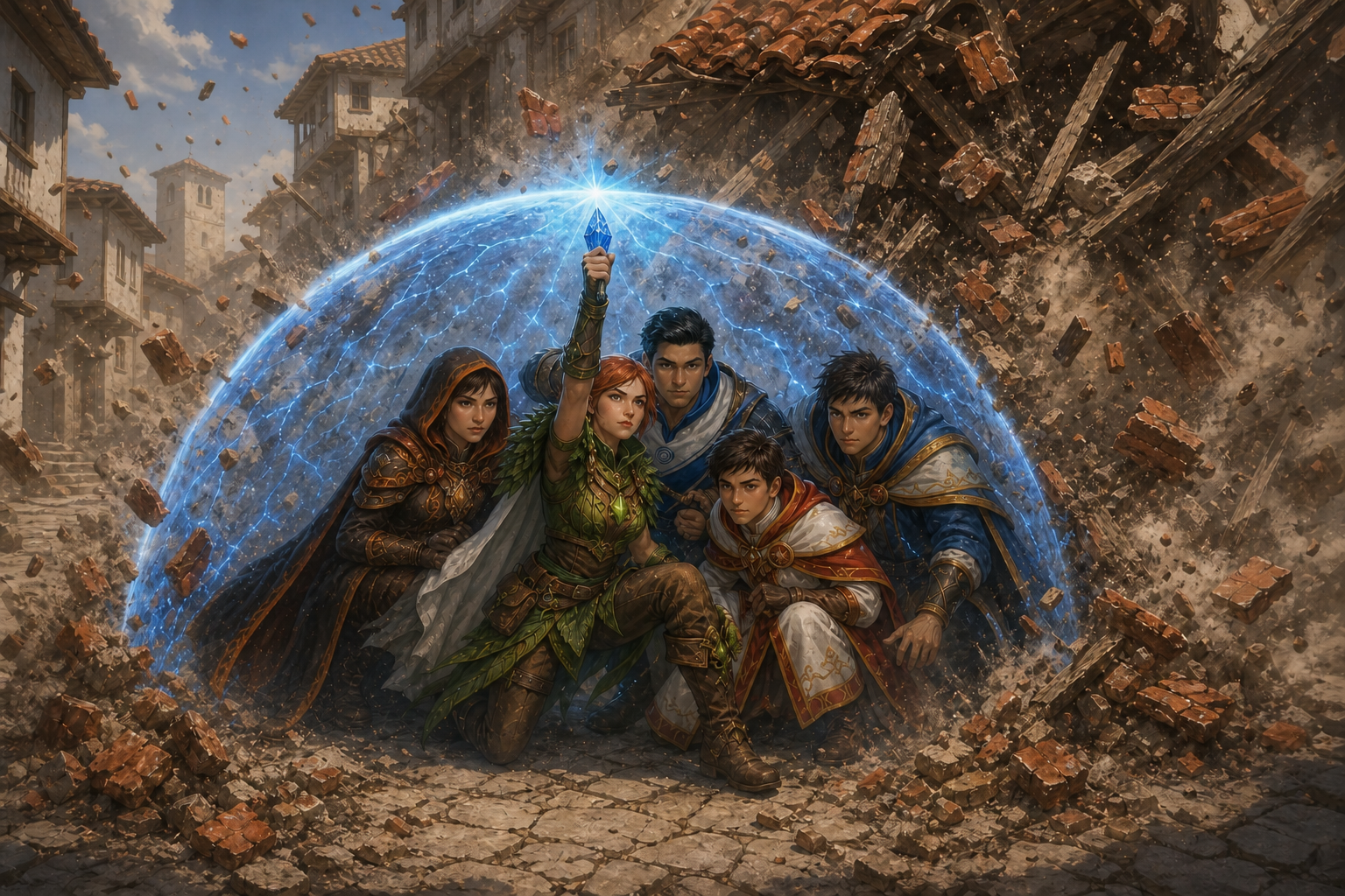 Blena raising a blue power crystal to shield Tajan, Drue, Alster and Kaelen beneath a dome as a building collapses around them