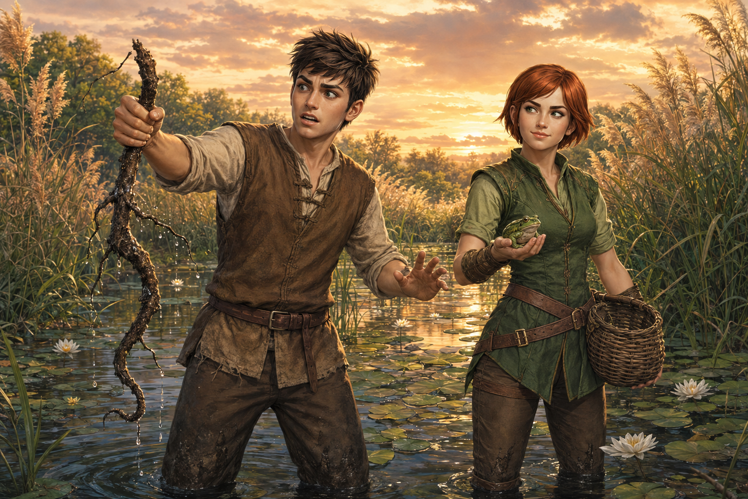 Kaelen recoils from a dripping root while Blena holds a green frog and tries not to laugh in the Bordrad marshes
