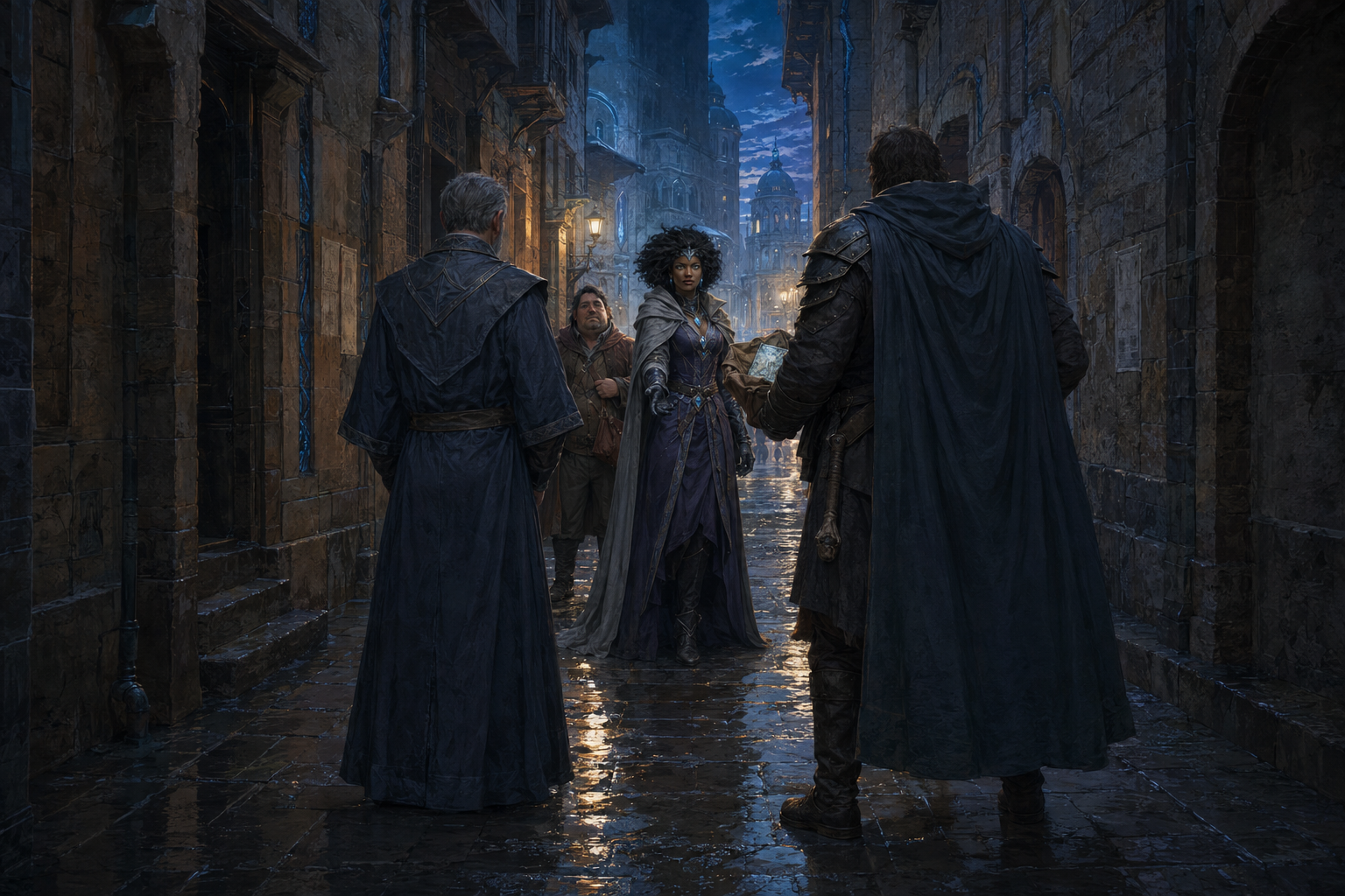 Delrona secretly negotiating for an ancient Crysalite tablet in a narrow Lower Helion alley