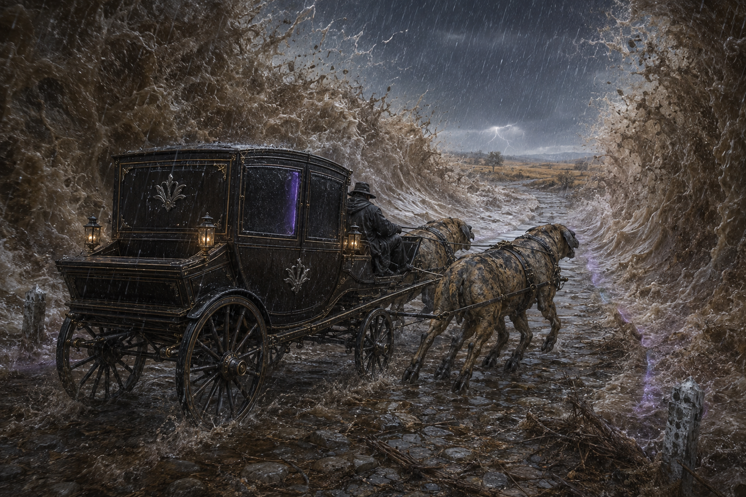 Delrona’s carriage crossing a flooded river in the third Heartwell Chronicle