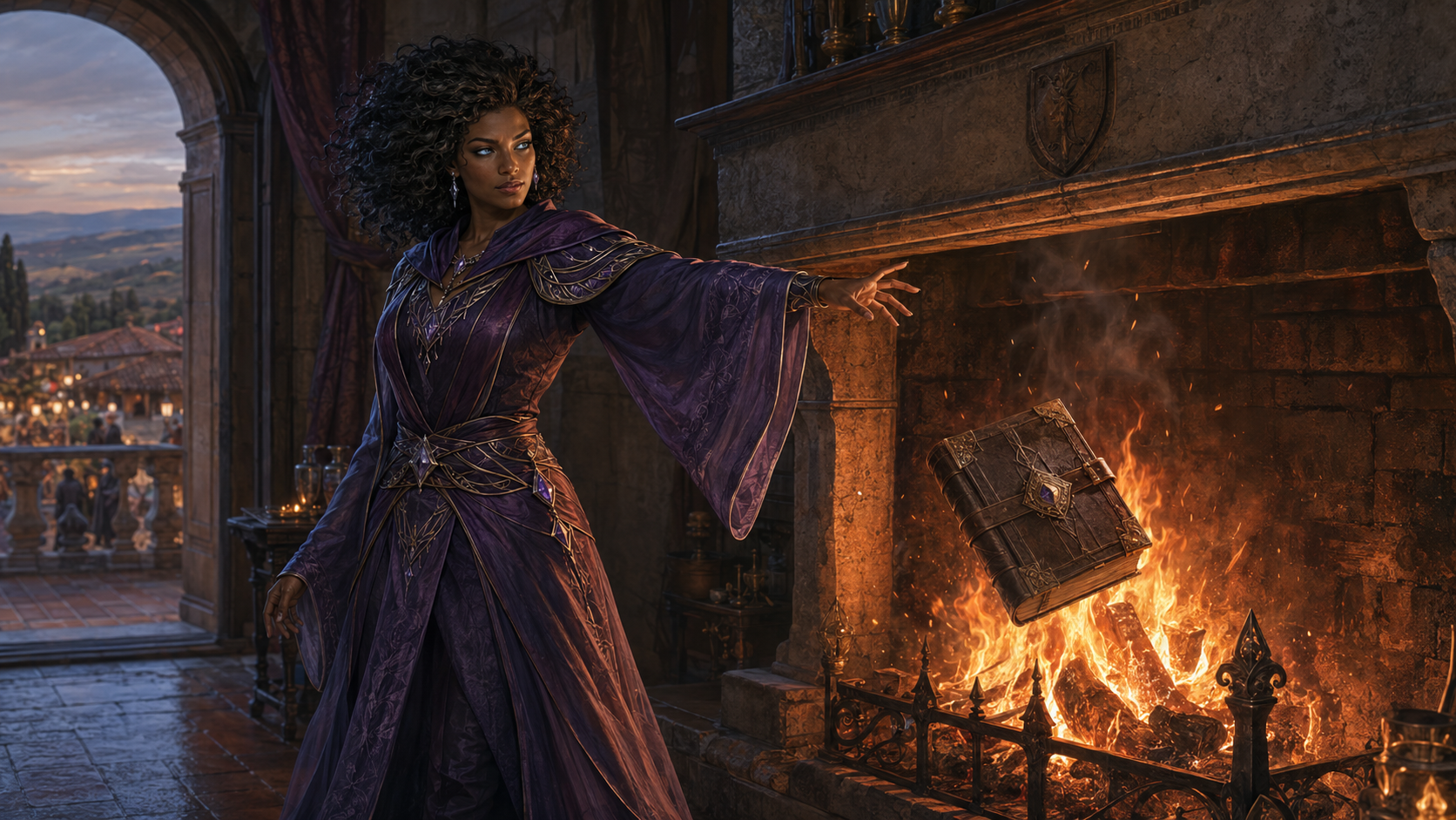 Delrona casting a priceless ancient tome into the fire