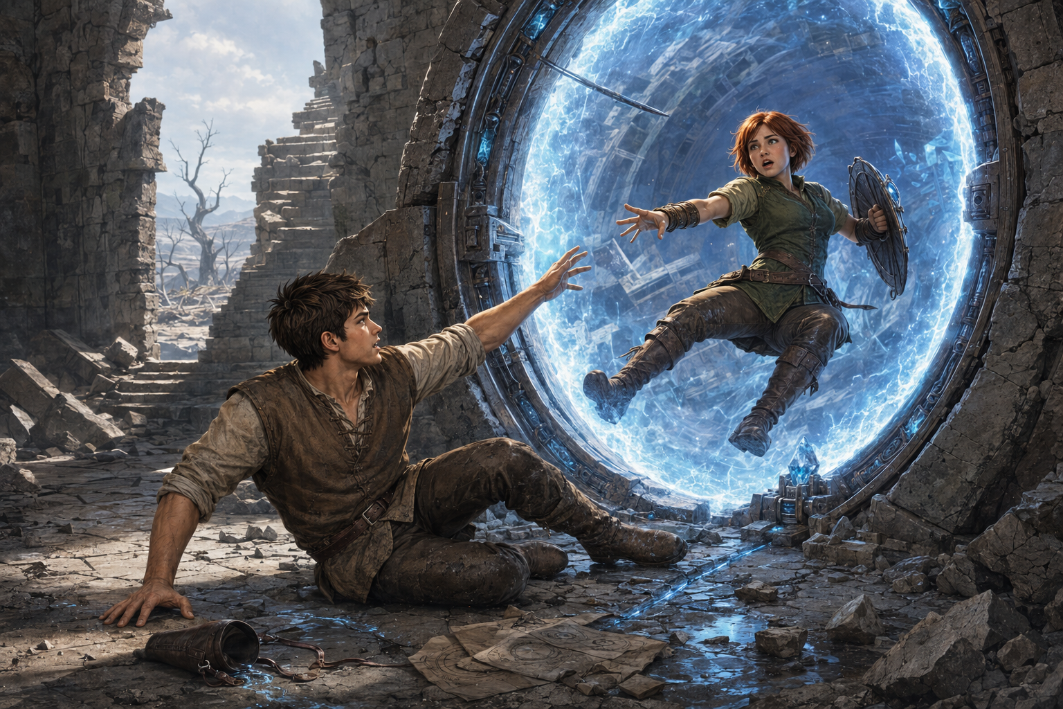 Blena falls backward through a blue ring of light in a ruined tower as Kaelen reaches for her from the cracked stone floor