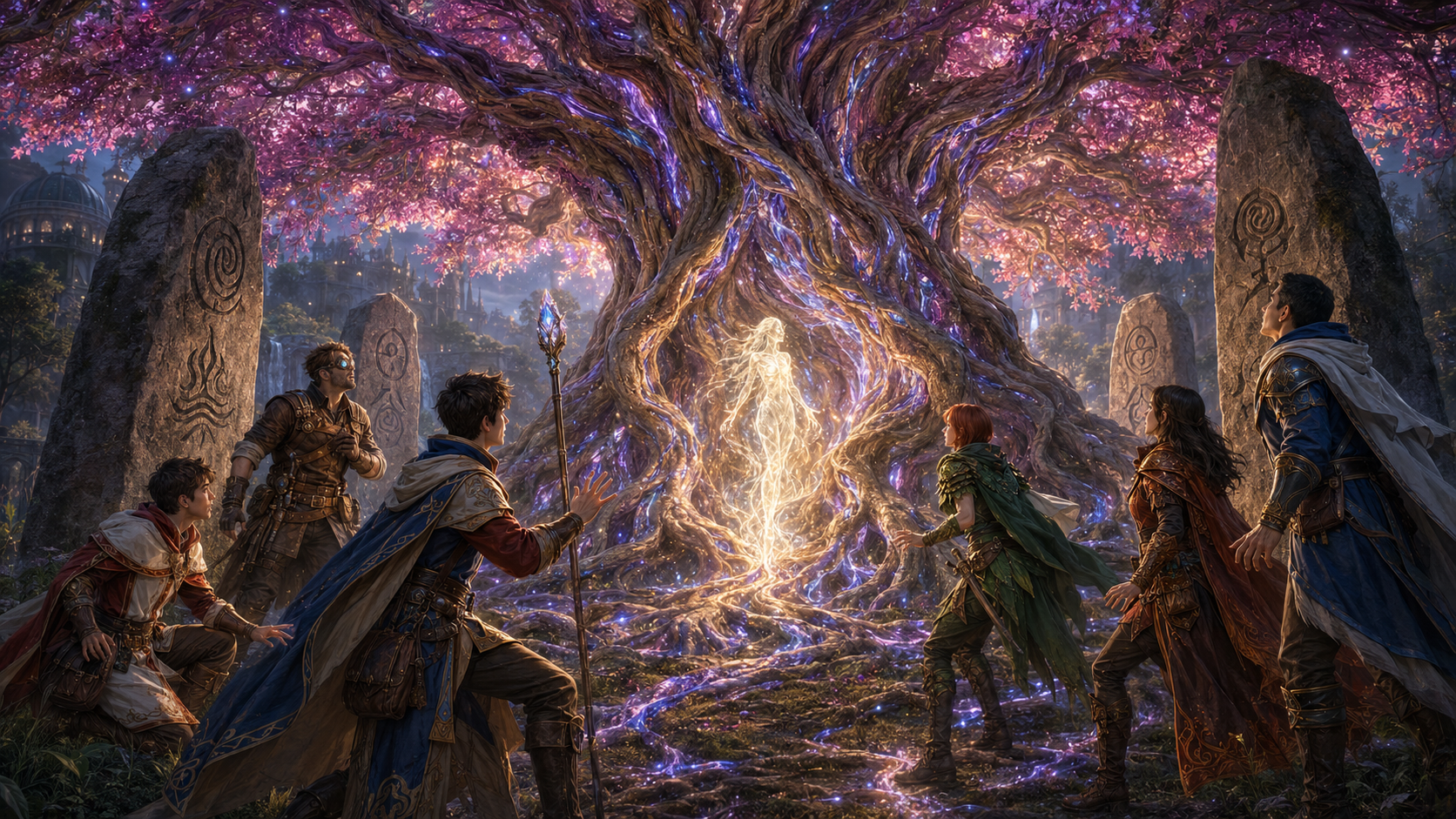Kaelen’s company witnessing the awakening of a crystal-veined aethoria tree at the Veylborn Shrine