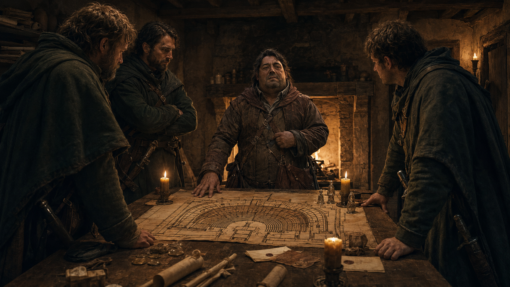 Fateese and three Sylvan Guardians planning around a map of the Exchange Amphitheatre