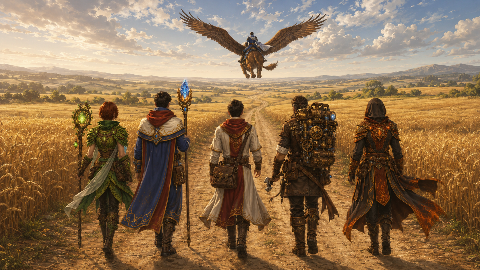 The heroes travelling along a road through the wheat fields beyond Helion while Drue and Dasher fly overhead