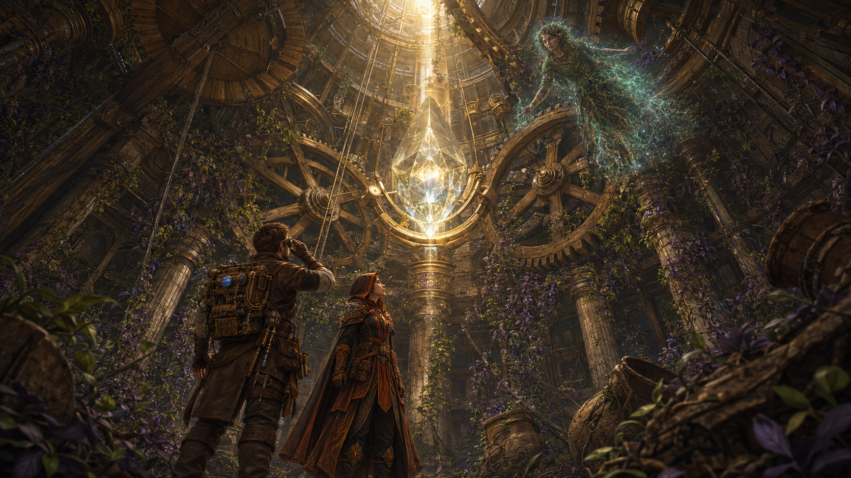 Anderix and Tajan beneath the towering machinery of the Helios Spire as Gertina appears among the gears