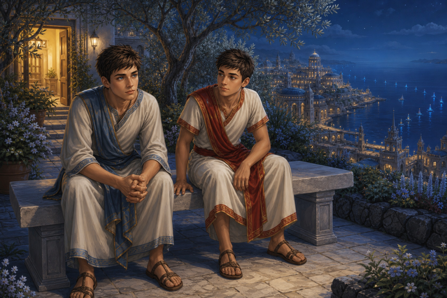 Kaelen and Alster overlooking the lights and harbour of Zouken