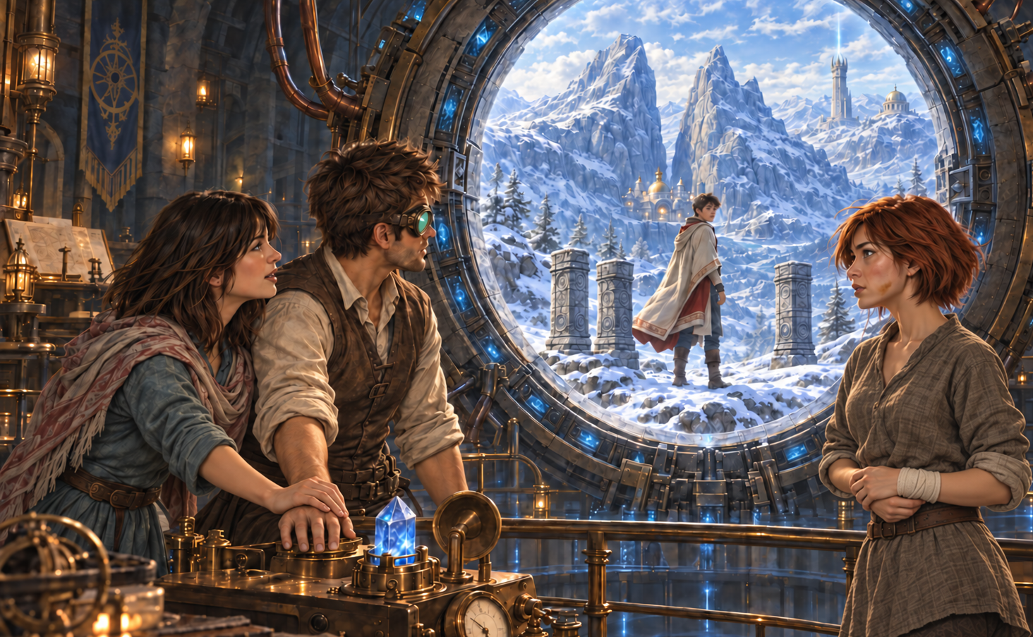Tajan and Anderix join hands over a glowing instrument beside Blena as a ring reveals Kaelen among three snowy Alfadin steles