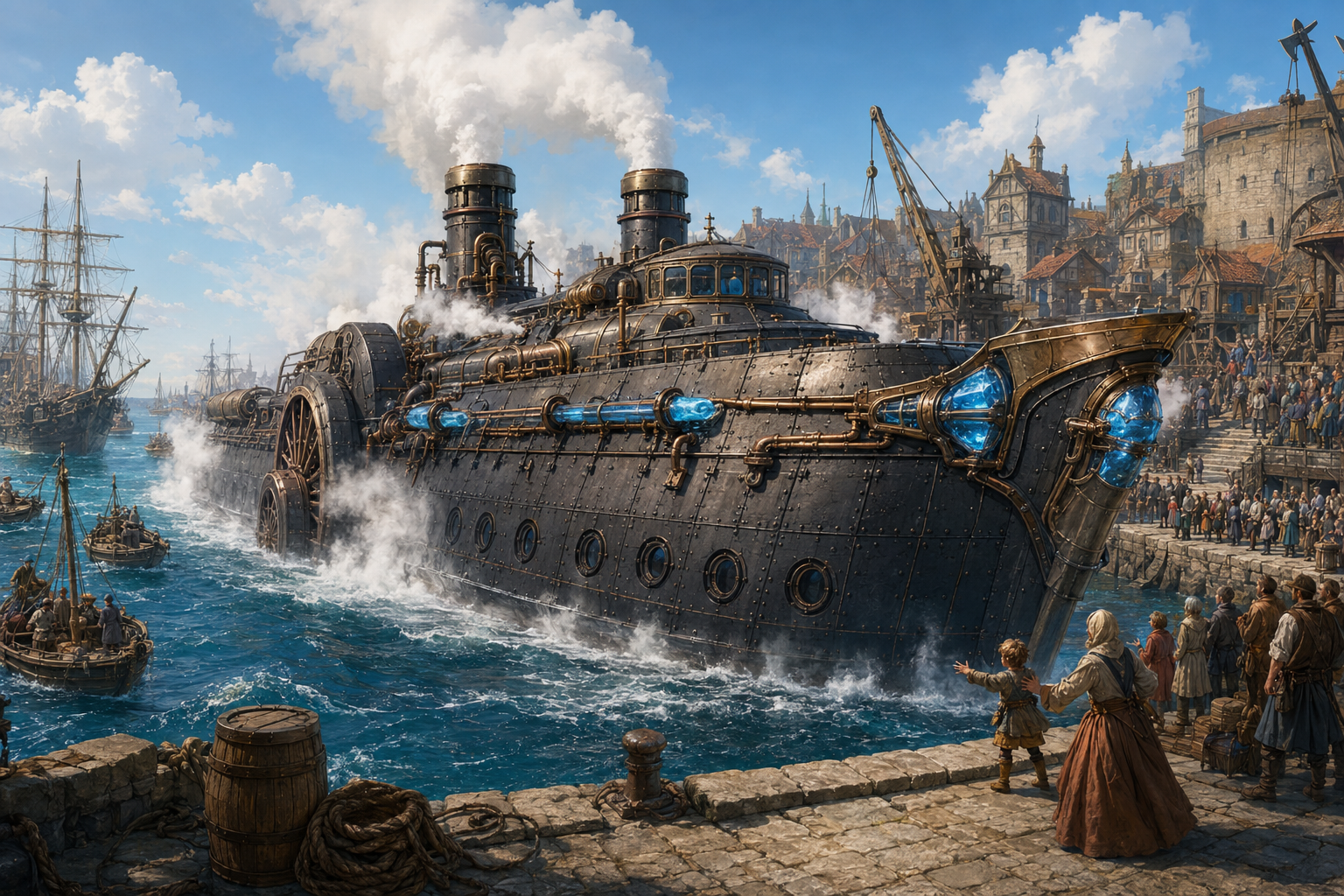A crystal-powered Mechanum ship arriving in a crowded Solaryn harbour