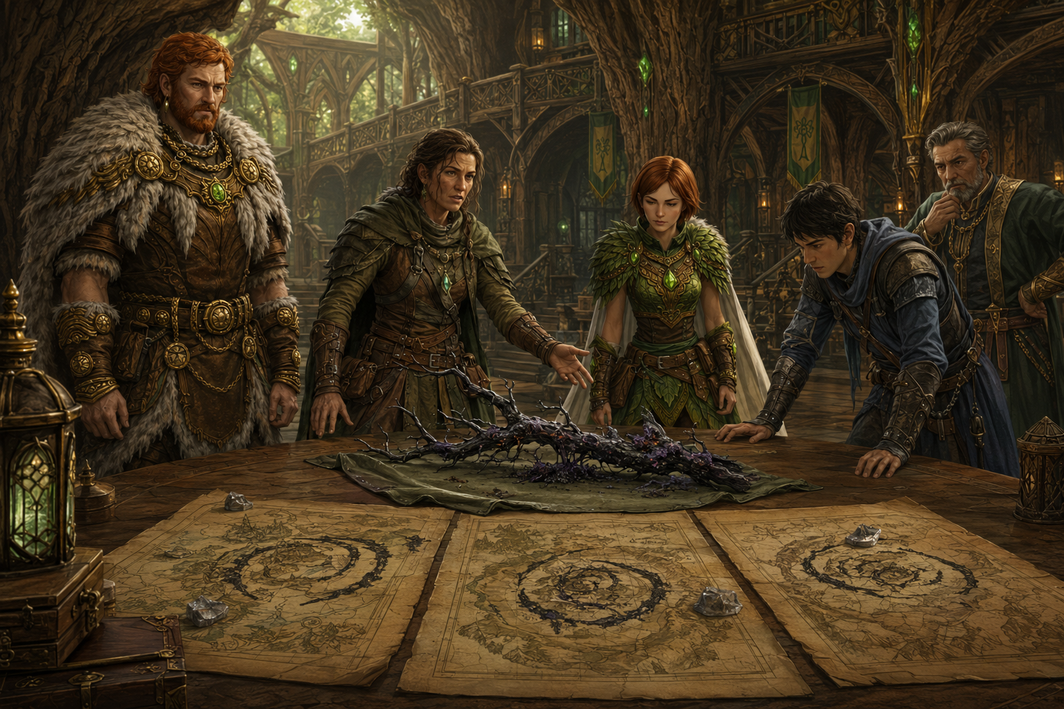 Ressa presenting maps and corrupted samples inside Karvok’s Great Hall