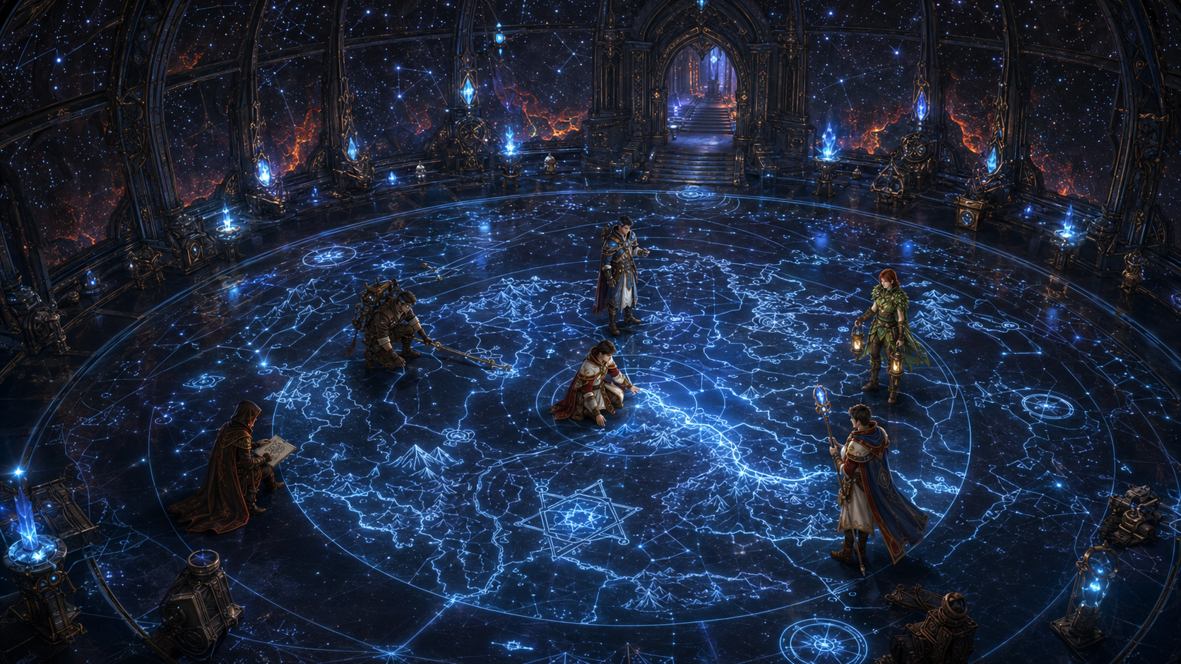 The heroes investigating a glowing map of Aethoria inside a vast domed chamber beneath Ruodoon