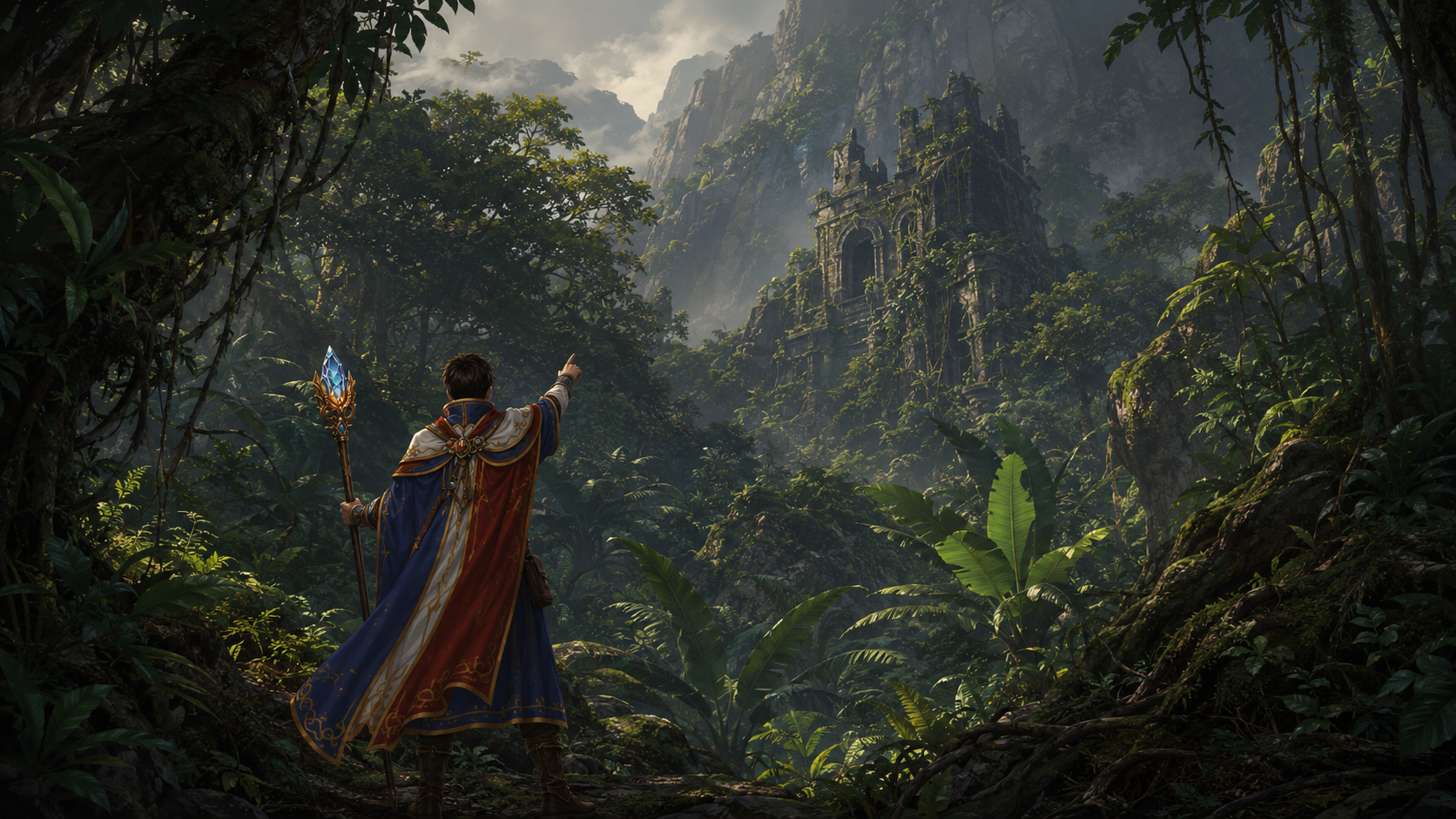 Kaelen pointing towards the shattered ancient tower hidden upon the volcanic slopes of Ruodoon