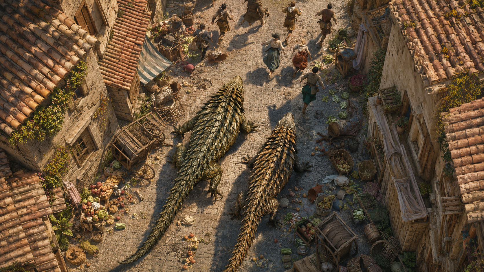 Scaleback runners charging through a village outside Helion in the fourth Heartwell Chronicle