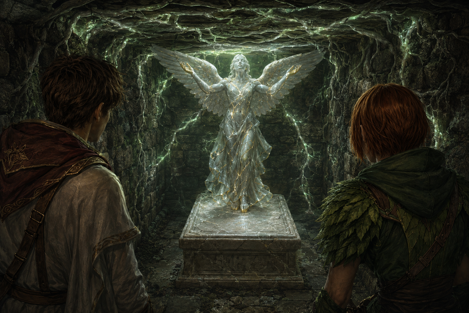 The green-lit tomb of Syterra beneath the etheria tree in the fifth Heartwell Chronicle