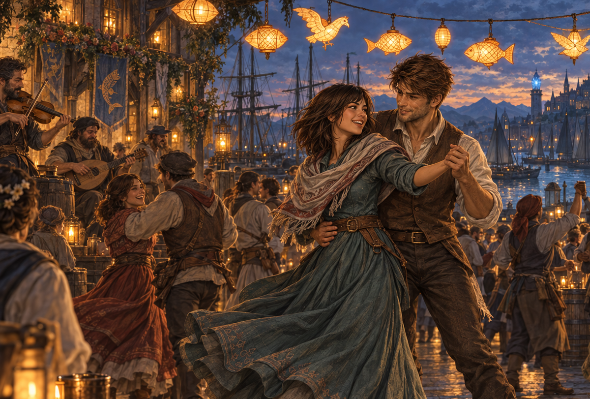 Tajan and Anderix dance beneath paper lanterns at the Pyrathis harbour festival