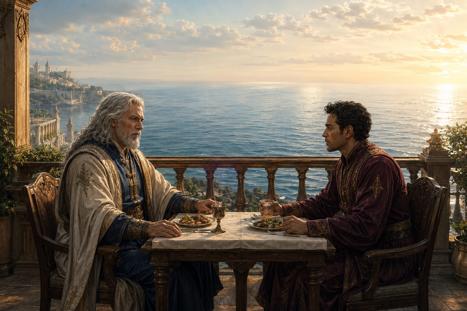 Council Leader Thrankal dining with Councillor Yenit on the oceanfront balcony of the Blissful Day restaurant in Kefar