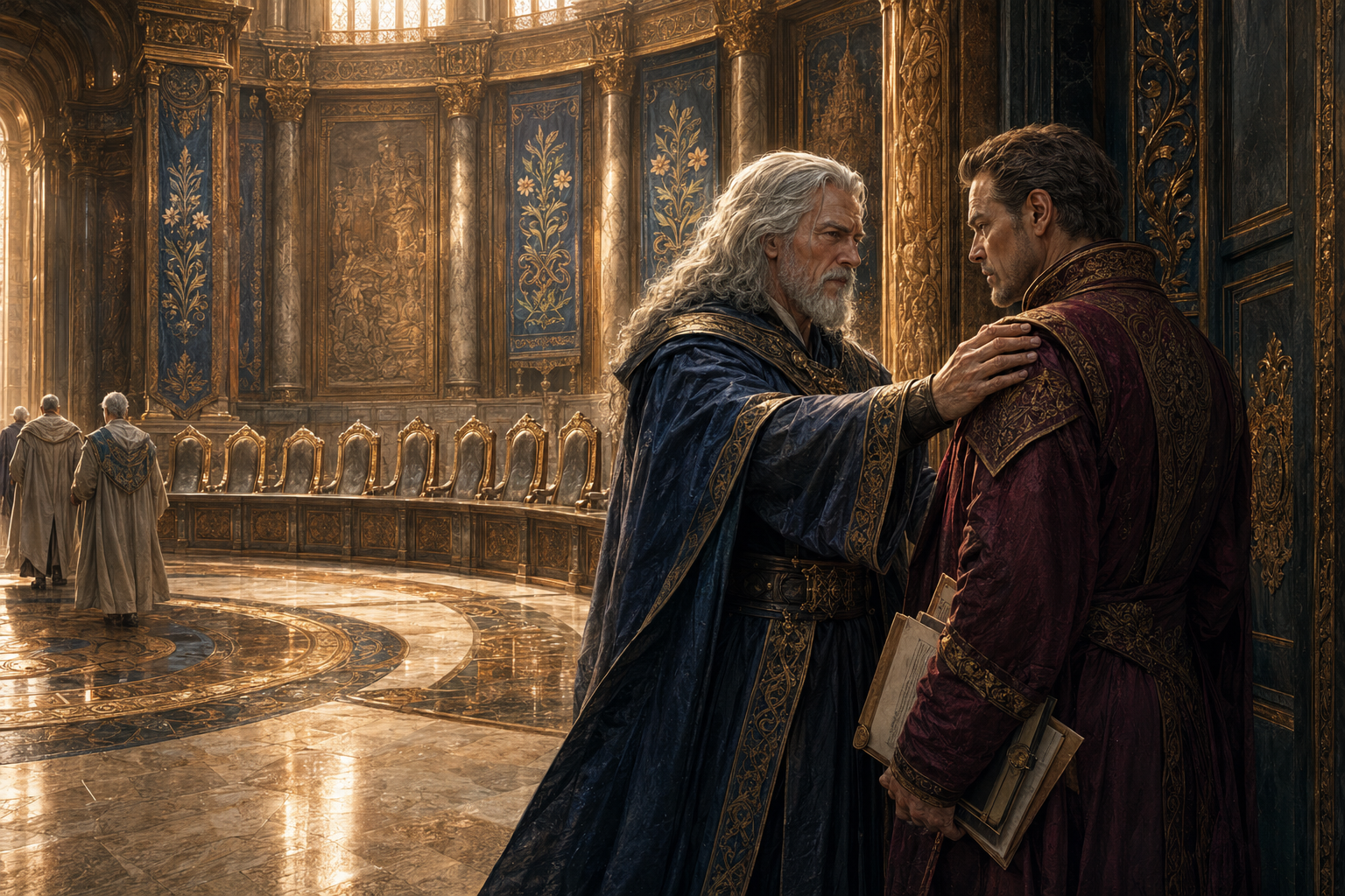 High Council Leader Thrankal quietly confronting Councillor Menard inside the council chamber of Kefar