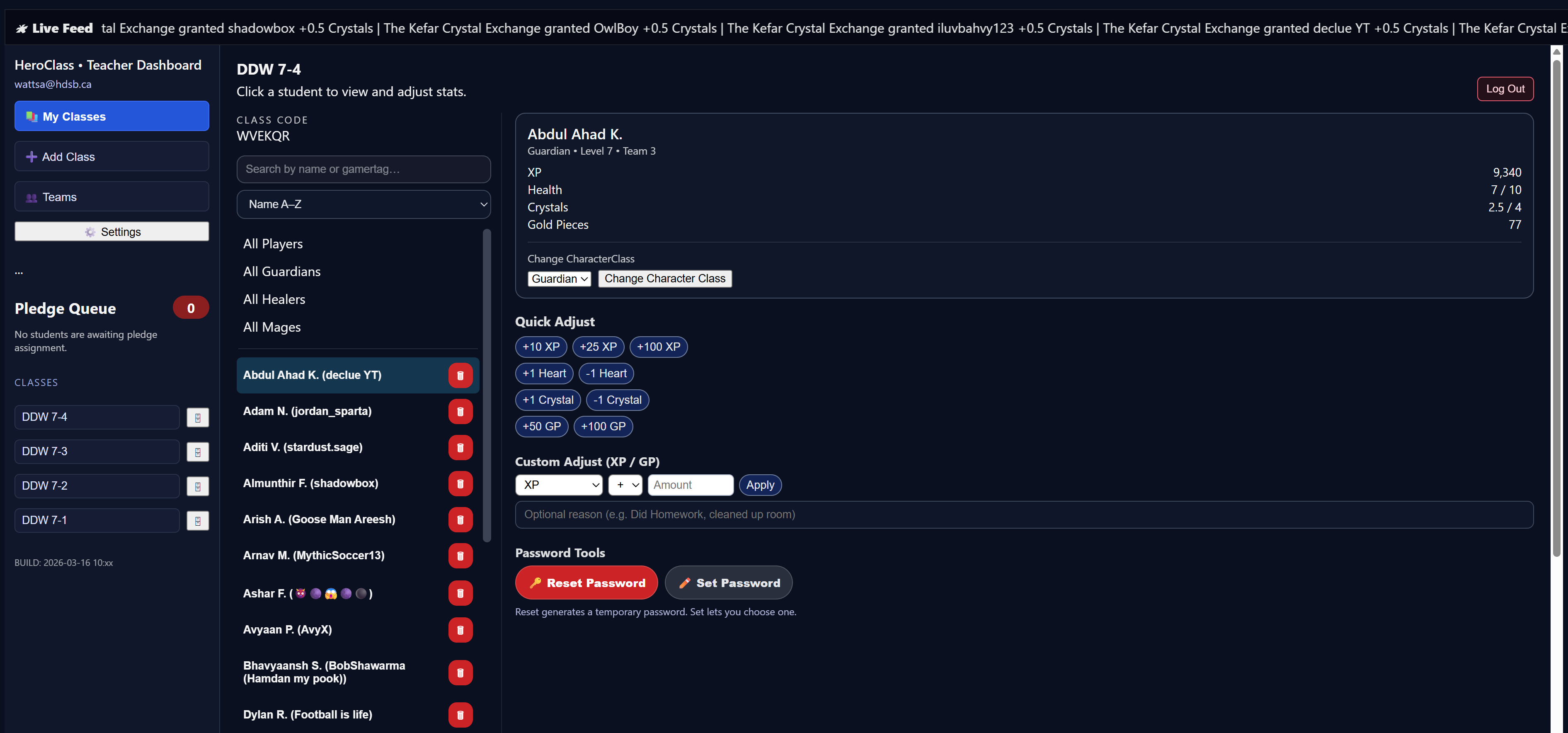 HeroClass teacher dashboard showing student list, quick adjustments, filters, and live feed