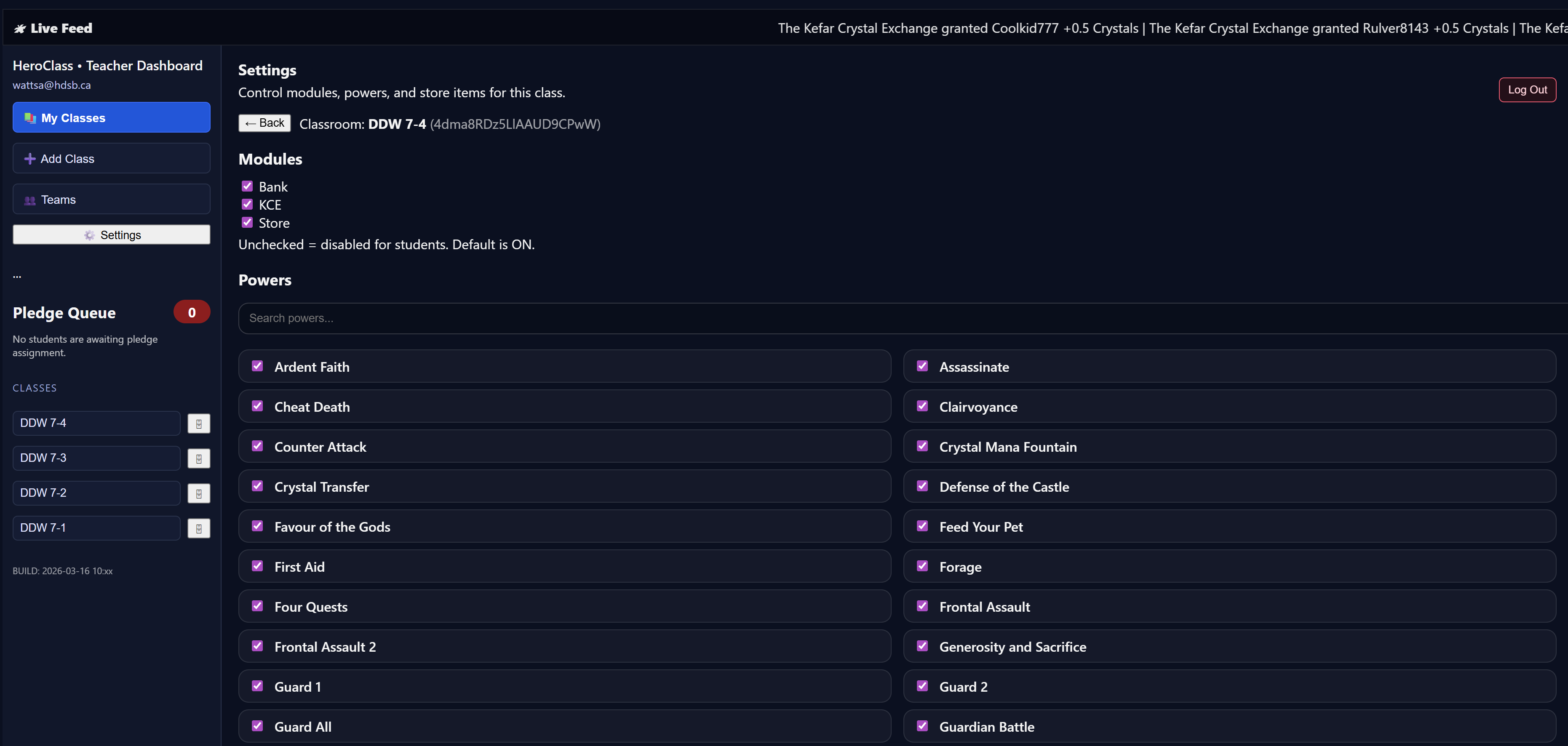 HeroClass settings page showing module toggles, power toggles, and store item controls
