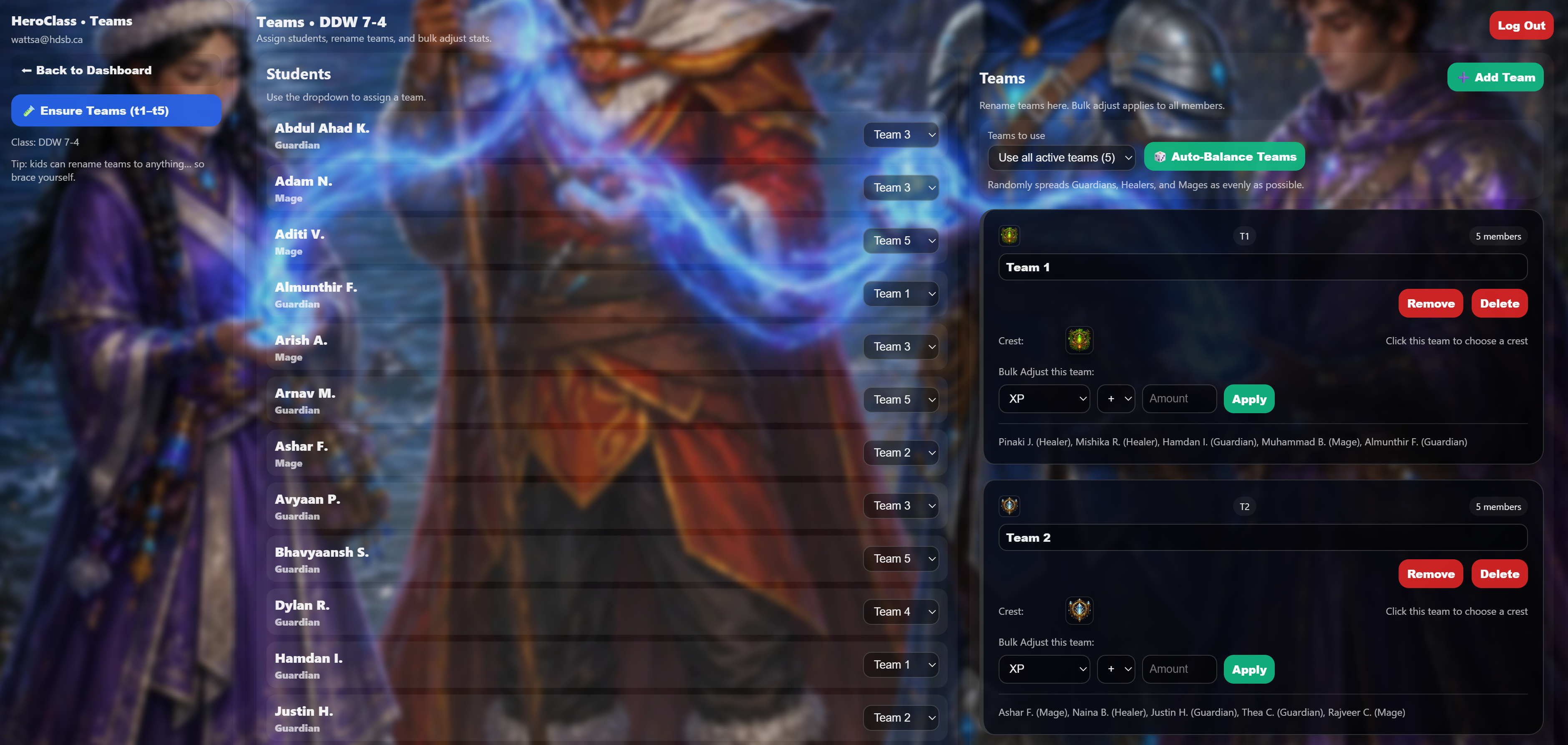 HeroClass teams page showing students, team assignments, auto-balance, and team cards