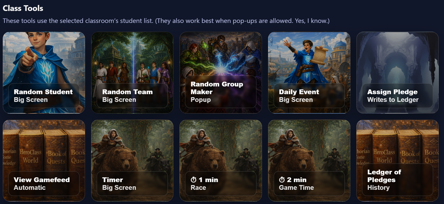 HeroClass class tools screen showing buttons for random student, random team, daily event, pledge tools, gamefeed, and timer